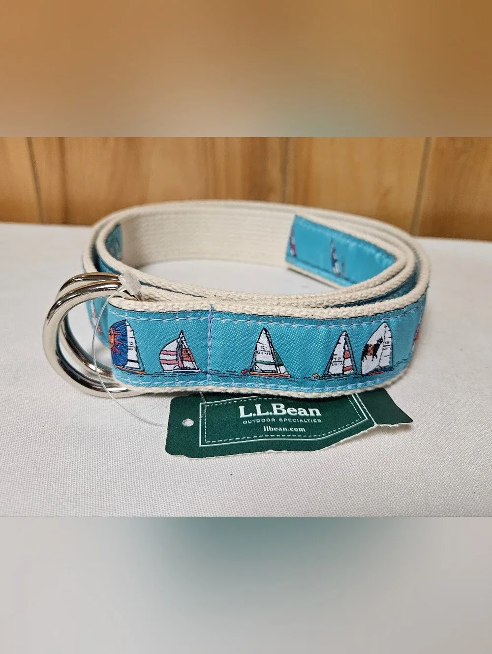 The Belted Cow Sail Boat Ship Blue Canvas Belt Men Size L Nautical L.L. BEAN